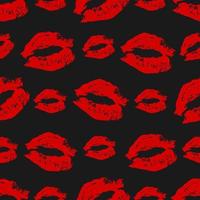 Seamless pattern lipstick kiss on black background. Bright red Lips prints vector illustration. Perfect for Valentines day postcard, greeting card, textile design, wrapping paper, etc.