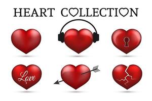 Red heart collections. Set of six realistic hearts isolated on white background. 3d icons. Valentine s day vector illustration. Love story symbol. Easy to edit design template.