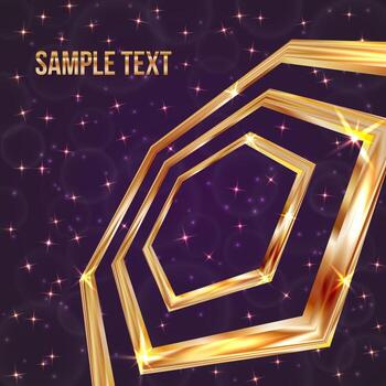 Bright golden hexagon on a dark purple background with sparkling stars and particles. Luxury vector illustration. Easy to edit design template for your business projects.