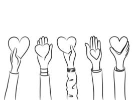 manos arriba, manos aplaudiendo con amor. dar y compartir su amor a la gente. concepto de caridad y donación. garabato, vector, ilustración vector