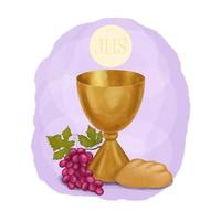 Chalice, host, bread and grapes, First communion greeting card vector