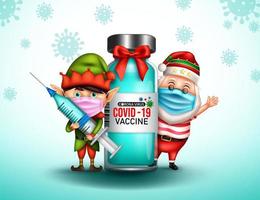 Christmas vaccine vector design. Christmas 3d santa claus and elf characters with vaccination bottle and injection for xmas covid-19 protection. Vector illustration.