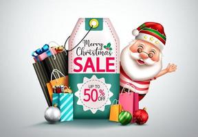 diseño de vector de venta de navidad. texto de venta de feliz navidad en descuento de elemento de etiqueta de precio con carácter de santa para promoción de negocios de compras de temporada navideña. ilustración vectorial