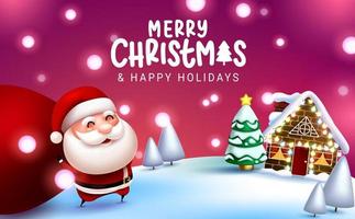 Merry christmas vector design. Merry christmas text with santa claus character walking and holding sack bag in outdoor xmas eve for holiday season. Vector illustration