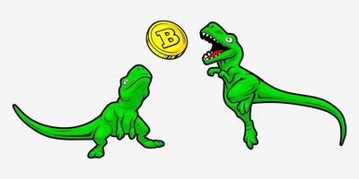Vector illustration of two dinosaurs trying to bite a bitcoin in cartoon style