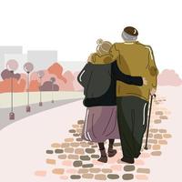 pareja anciana y anciana en la caminata. abuela mayor con abuelo caminando en el parque abrazando. ilustración de color vectorial en un estilo moderno vector