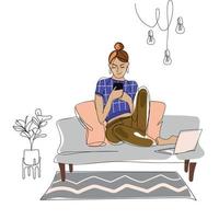 Happy young woman sitting on sofa with smartphone and laptop chatting on social networks and receiving messages or mail.Modern girl using smartphone at home.Vectone outline sketch illustration vector