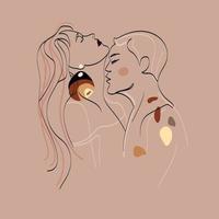 Abstract man and woman touch Art line vector drawing.Loving couple kissing, hand drawing in Modern style portraits of woman and man.Vector illustration in organic pastel colors