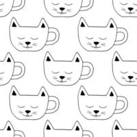 taza en forma de garabato dibujado a mano de patrones sin fisuras de cara de gato. , minimalismo. papel de envolver, textiles, bebida caliente de fondo, cacao, café, té, pegatina, icono, impresión de menú vector