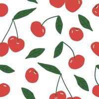 cereza y hojas de patrones sin fisuras. dibujado a mano. Ilustración para papel tapiz, papel de regalo, textil, fondo. jugosa fruta roja de verano vector