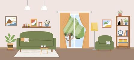 Living room vector illustration. Living room with furniture. Sofa, armchair, table, balcony, rack, home plants, table, decoration. Flat style.