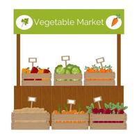 Farm market stand front, wooden box with vegetables and price tag. Vector illustration