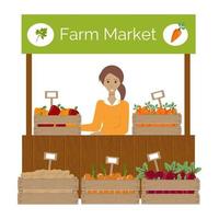 Farm market stand front, wooden box with vegetables and price tag. Young woman sells vegetables at a street stall. Vector illustration