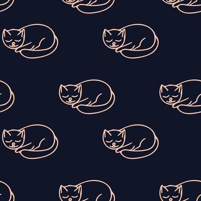 cat sleeps seamless pattern hand drawn doodle, vector. line art, nordic, scandinavian, minimalism, monochrome. wallpaper, textiles print wrapping paper background