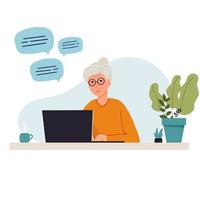 Grandmother is sitting with a laptop at home. I work on a computer. chatting Online education, training or social media concept. flat vector