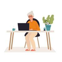 la abuela está sentada con una computadora portátil en casa. trabajo en una computadora charlando sobre educación en línea, capacitación o concepto de redes sociales. vector plano