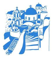 isla de santorini, grecia. hermosa arquitectura blanca tradicional e iglesias ortodoxas griegas con cúpulas azules sobre la caldera del mar Egeo. azul. tarjeta publicitaria, volante, vector