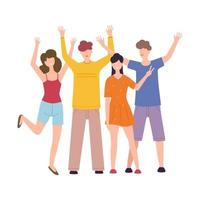 Group of cheerful young people standing together waving and greeting. Happy team concept. Vector illustration