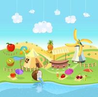 pueblo de frutas con rio y playa y molino. paisaje rural de un país ficticio. Fruta. ilustración vectorial vector