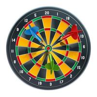 Darts game with blue, red and green darts. Hit the target. Sports game. Vector illustration isolated on white background