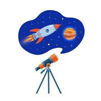 Astronomical telescope tube, space and rocket flies to the planet. Dome of the Astronomical Observatory. Astronomical space. Look at planets, stars and comets through a telescope. vector