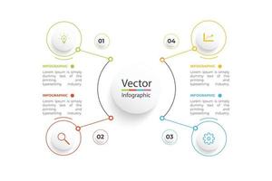 plantilla infográfica vectorial con etiqueta de papel 3d, círculos integrados. concepto de negocio con 4 opciones. para contenido, diagrama, diagrama de flujo, pasos, partes, infografías de línea de tiempo. vector