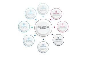 plantilla infográfica vectorial con etiqueta de papel 3d, círculos integrados. concepto de negocio con 8 opciones. para contenido, diagrama, diagrama de flujo, pasos, partes, infografías de línea de tiempo. vector