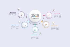 plantilla infográfica vectorial con etiqueta de papel 3d, círculos integrados. concepto de negocio con 5 opciones. para contenido, diagrama, diagrama de flujo, pasos, partes, infografías de línea de tiempo. vector