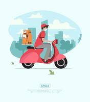 personaje de entrega de ilustración plana con paquete y scooter vector