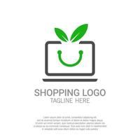 Vector illustration of abstract shopping bag and a laptop. Suitable for logo template of green shopping website. Modern simple organic shopping logo template.