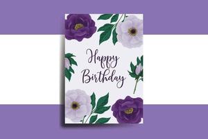 tarjeta de felicitación tarjeta de cumpleaños acuarela digital dibujado a mano plantilla de diseño de flor de peonía púrpura vector