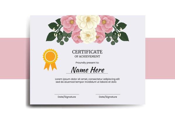 Certificate Template Pink Mini Rose Flower watercolor Digital hand drawn