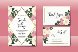 Conjunto de marco de invitación de boda, plantilla de tarjeta de invitación de diseño de flor rosa mini rosa dibujado a mano digital acuarela floral vector