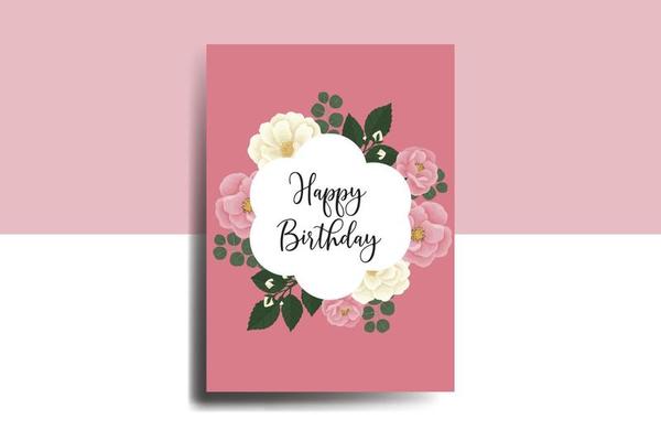 Greeting card birthday card Digital watercolor hand drawn Pink Mini Rose Flower Design Template