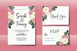 Conjunto de marco de invitación de boda, plantilla de tarjeta de invitación de diseño de flor rosa mini rosa dibujado a mano digital acuarela floral vector