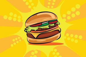 Fast Food Burger, with orange background. Vector Illustration