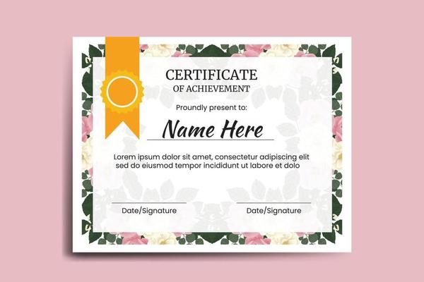 Certificate Template Pink Mini Rose Flower watercolor Digital hand drawn