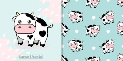 cute cow animal illustration with nursery seamless pattern vector