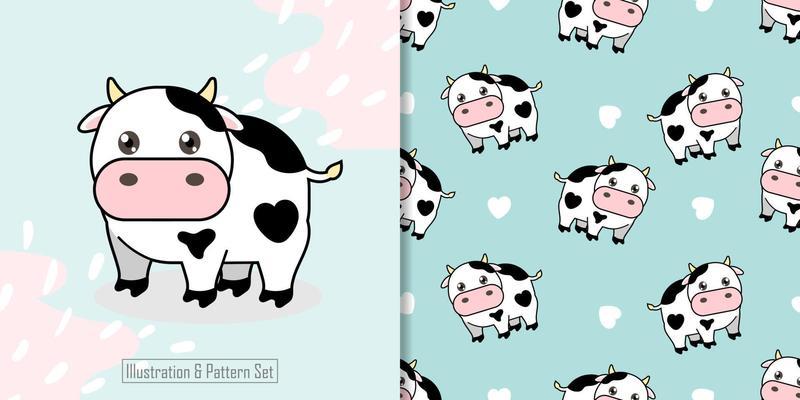 cute cow animal illustration with nursery seamless pattern