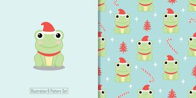 cute frog animal illustration with nursery seamless pattern vector