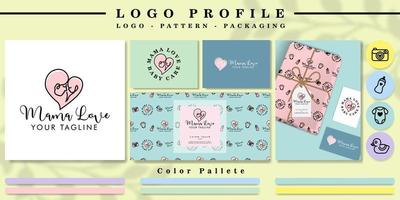 cute baby lover mother logo for branding with nursery pattern with mockup and icon vector