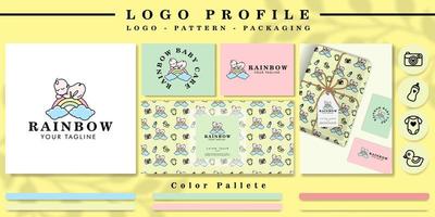 cute rainbow baby logo for branding with nursery pattern with mockup and icon vector