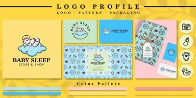 cute sleep baby logo for branding with nursery pattern with mockup and icon vector