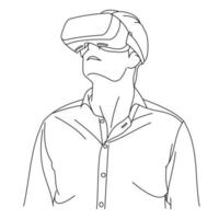 dibujos de líneas ilustrativas de un joven que usa gafas de realidad virtual mientras juega un juego. la posición de la cabeza miró hacia arriba mientras usaba un casco de realidad virtual. usando vr aislado sobre fondo blanco vector