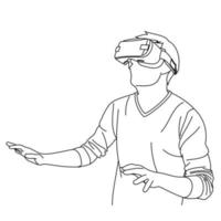 dibujos de líneas ilustrativas de un joven que usa gafas de realidad virtual mientras juega un juego. la posición de la cabeza miró hacia arriba mientras usaba un casco de realidad virtual. usando vr aislado sobre fondo blanco vector