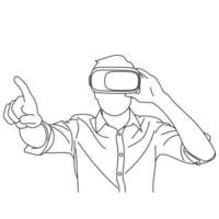 Illustration line drawings a young man uses Virtual Reality glasses when playing games. Pretending to touch button while wearing virtual reality helmet. Wearing VR glasses isolated on white background vector