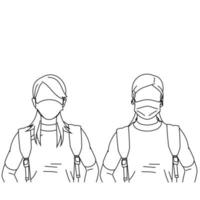 Illustration line drawing of a young woman sick wearing medical face masks to protect from diseases, air pollution, coronavirus, sars, germ, flu or mers-cov. Girl with face masks looking at the camera vector