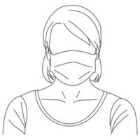 dibujo de líneas de ilustración de una mujer joven enferma que usa máscaras faciales médicas para protegerse de enfermedades, contaminación del aire, coronavirus, sars, germen, gripe o mers-cov. chica con mascarillas mirando a la cámara vector