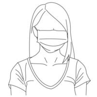 dibujo de líneas de ilustración de una mujer joven enferma que usa máscaras faciales médicas para protegerse de enfermedades, contaminación del aire, coronavirus, sars, germen, gripe o mers-cov. chica con mascarillas mirando a la cámara vector