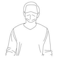 Illustration line drawing of a young man sick wearing medical face masks to protect from diseases, air pollution, coronavirus, sars, germ, flu or mers-cov. Girl with face masks looking at the camera vector